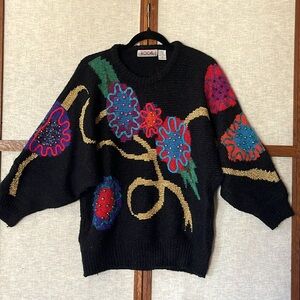 Vintage 80s Kocal Oversized Sweater Beaded Embroidered Floral Dolman Sleeve